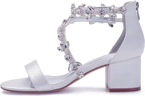 Vista 3 de Sandalias de tacón bajo para mujer, correa gruesa en el tobillo, zapatos de vestir de boda de cristal, sandalias de tacón bajo cómodas