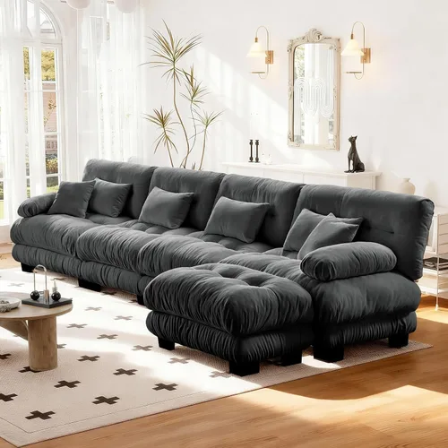 Vista 57 de Reposapiés Otomano Tapizado de Terciopelo con Cojín para Sofá Seccional Sofá 300 libras para Sala de Estar (Beige)
