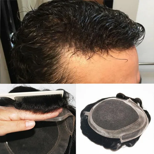 Vista 6 de Línea capilar natural tipo tupé de encaje francés con sistema de peluca de cabello humano PU para hombre, micro nudos para prótesis capilar