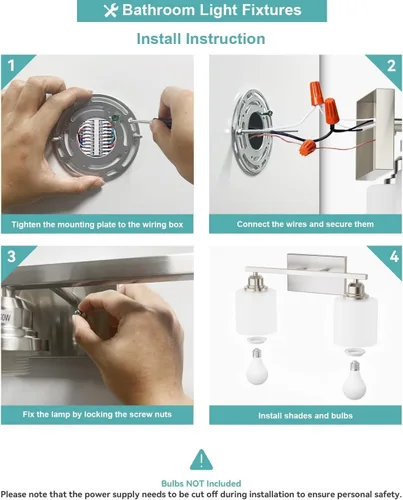 Vista 7 de Accesorios de iluminación de baño Sailstar de 2 luces, accesorios de iluminación de tocador de níquel cepillado, lámpara de tocador moderna