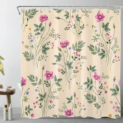 Vista 11 de Cortina de ducha floral rosa para baño, flores silvestres y hojas verdes salvia sobre beige, cortinas de ducha con ganchos, juego de cortinas