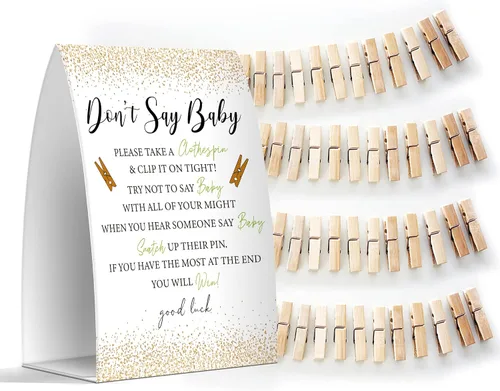 Vista 19 de Juego de texto en inglés "Don't Say Baby", un letrero de 5 x 7 pulgadas y 50 mini pinzas para la ropa, juegos de baby shower, decoración de baby
