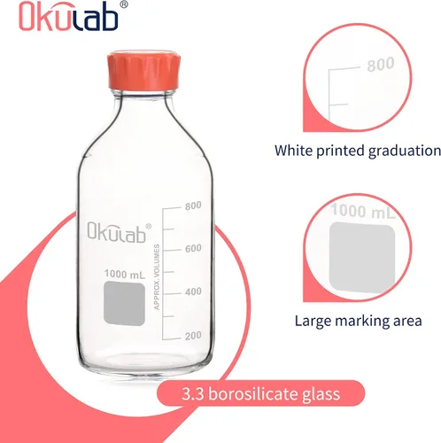 Vista 4 de Botellas redondas de almacenamiento de medios de 33.8 fl oz (34 onzas), vidrio de borosilicato 3.3, con tapones de rosca GL45 en material PP