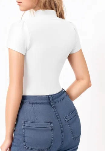 Vista 3 de MANGOPOP Camiseta ajustada de manga corta con cuello alto falso para mujer