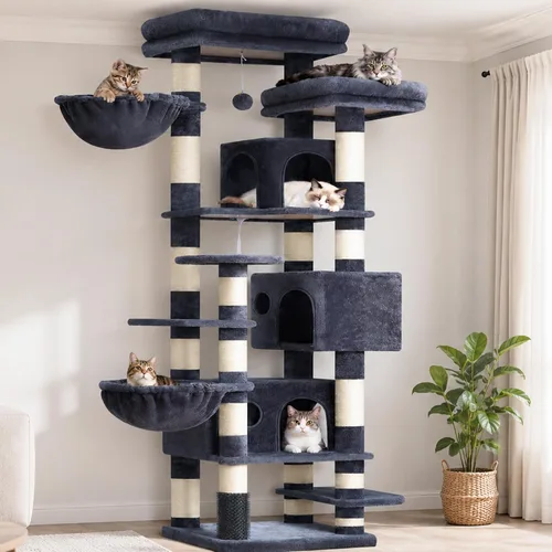 Vista 12 de Hey-brother Árbol de Gato, torre de gato de varios niveles XL de 74 pulgadas para gatos de interior con tres condominios para gatos, dos plataformas