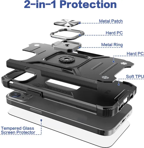 Vista 6 de Funda delgada para iPhone 13 / iPhone 14 con protector de pantalla, absorción de golpes, resistente a prueba de caídas, con soporte de automóvil