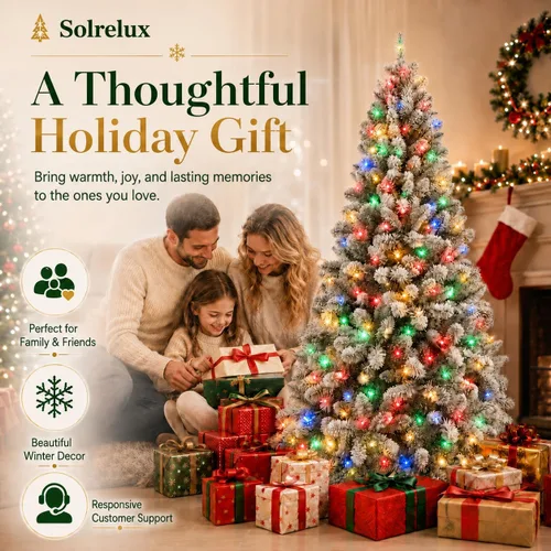 Vista 9 de Árbol de Navidad flocado de 6 pies preiluminado, árbol de Navidad Blanco (luz coloreada)