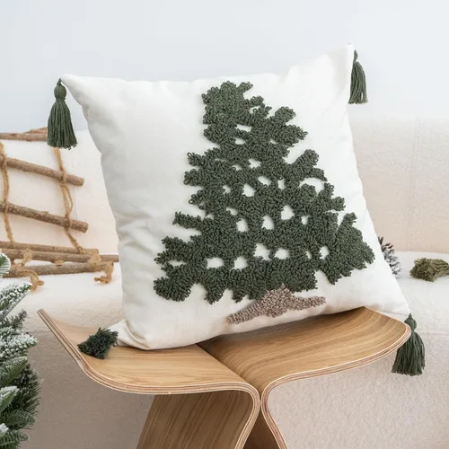 Vista 3 de Funda de almohada verde copetuda con borlas, funda de cojín tejida a mano para decoración del hogar de vacaciones de invierno, 18 x 18 pulgadas, 1