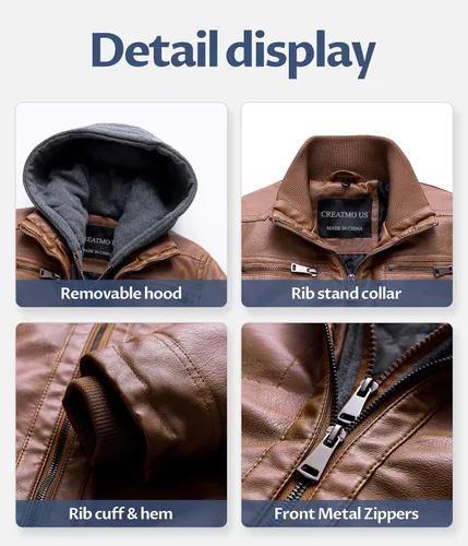 Vista 6 de CREATMO US Chaqueta de piel sintética para hombre, impermeable, resistente al viento, PU con capucha extraíble