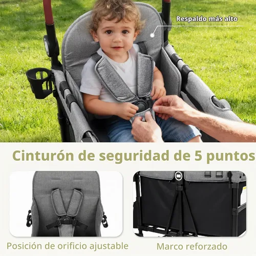 Vista 7 de Kinder King Cochecito Wagon para 2 niños, rueda absorbente de golpes, negro Negro&gris