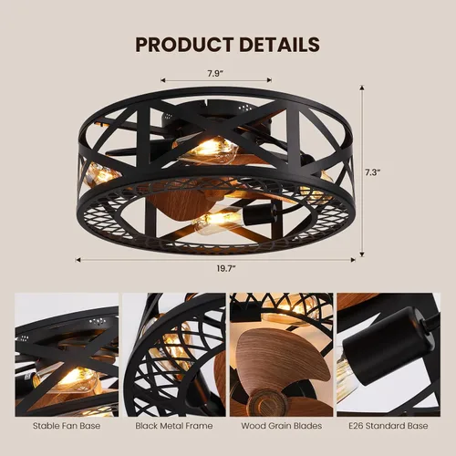Vista 6 de Ventiladores de techo enjaulados de 20 pulgadas con luces, moderno ventilador de techo regulable con control remoto de luces, ventilador de techo