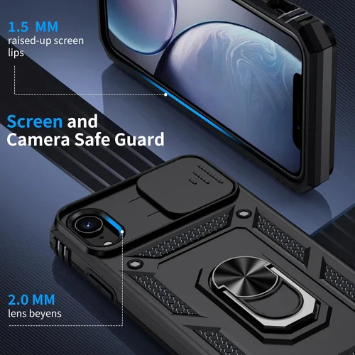 Vista 5 de Funda para iPhone XR, Funda para Teléfono iPhone XR con 2X Protectores de Pantalla HD + Cubierta Deslizante para Cámara, [Grado Militar] Funda