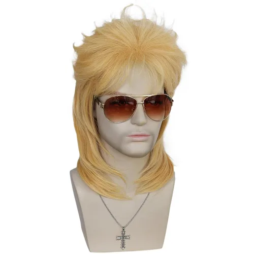 Vista 3 de Anogol Gorro de pelo + juego de 3 piezas (1 gafas + 1 collar), pelucas rubias de salmonete para hombres, peluca de los años 70 y 80 para fiesta