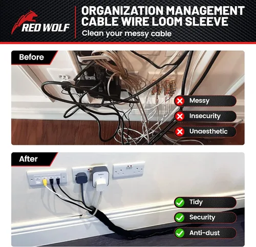 Vista 4 de RED WOLF Funda de Cable de Alambre Trenzado Dividida Manga de Cableado de 10 Pies - 1/2" Flexible Autoenvolvente para Gestión de Cables