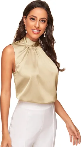 Vista 3 de Verdusa Blusas elegantes de satén sin mangas para mujer, plisadas en la espalda, trajes de trabajo elegantes
