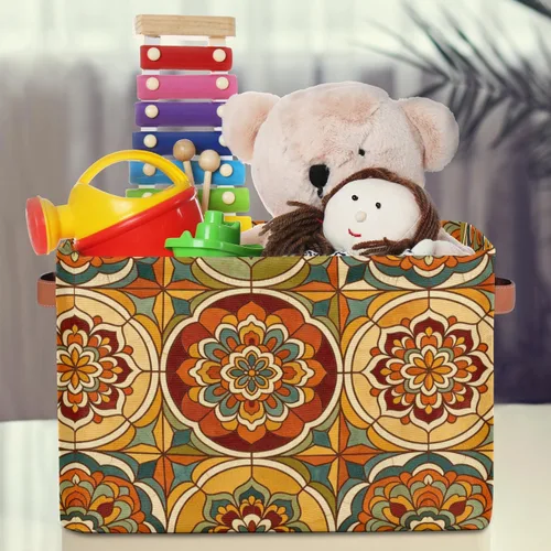 Vista 4 de Cesta de almacenamiento con diseño étnico bohemio y floral de mandala grande, caja de almacenamiento plegable para juguetes, organizador de ropa