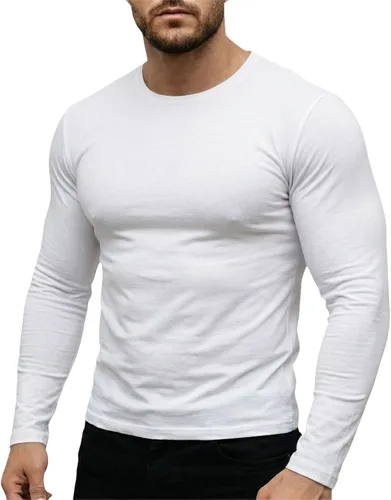 Vista 9 de Camiseta muscular para hombre, cuello redondo, manga larga, suave, elástica, básica, casual