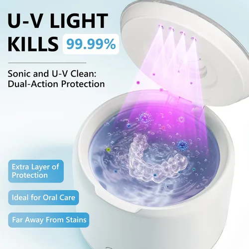 Vista 5 de Máquina limpiadora ultrasónica recargable, 46 kHz portátil de limpieza dental para protectores bucales nocturnos, aparatos ortopédicos, joyas