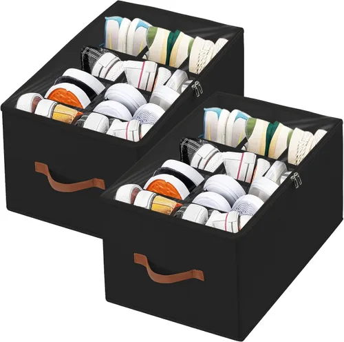 Vista 12 de Organizador de zapatos plegable para armario, caja organizadora de almacenamiento de zapatos con cubierta transparente y asas resistentes