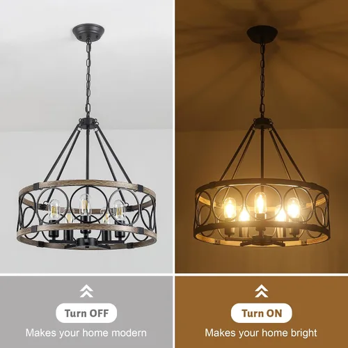 Vista 7 de Candelabro de Granja para Comedor de 5 Luces Negro Rústico de Tambor Candelabros de 20" Textura de Madera Lámpara Colgante Ajustable para Isla