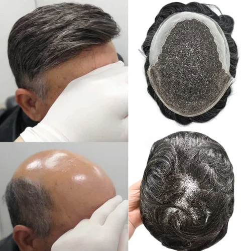 Vista 36 de Pieza de cabello para hombres suizo frente encaje frontal tupé europeo Remy sistema de reemplazo de cabello humano nudo blanqueado línea capilar