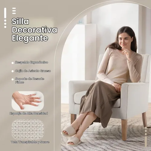 Vista 3 de COLAMY Silla moderna de ala para sala de estar, sillón tapizado de tela, sofá individual con asiento de salón y patas de madera para Beige