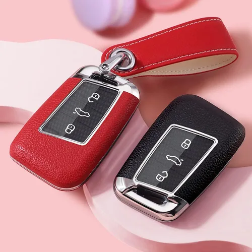 Vista 6 de ontto Funda de cuero para llavero VW Smart Remote Key Case para Volkswagen, Negro