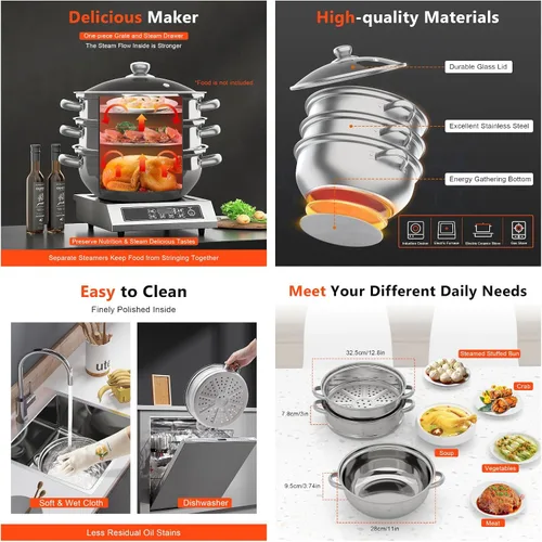 Vista 5 de Vaporizador de acero inoxidable de 3 niveles, 11 pulgadas (11.0 in) D para alimentos y verduras, utensilios de cocina con tapa de vidrio para cocina