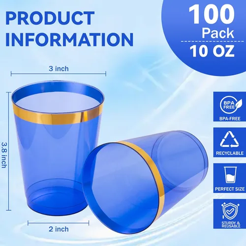 Vista 3 de Supernal 100 piezas de vasos de plástico azules, vasos desechables transparentes azules claros de 10 onzas con borde dorado, vasos de plástico