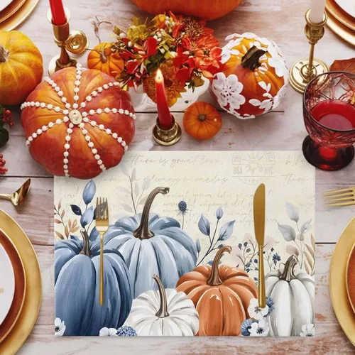 Vista 2 de Juego de 4 manteles individuales de otoño con diseño de calabaza azul, hojas florales, manteles individuales de otoño, lavables, cosecha, Acción