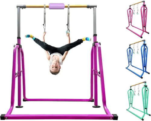 Vista 20 de Foldable Gymnastics Kip Bar with Rings & Bar Pad, 3 FT–5 FT Adjustable Horizontal Bar for Kids, 7-Level Height, 300 LBS Weight Capacity, Indoor Home