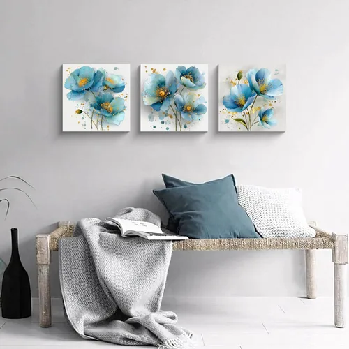 Vista 5 de NAN Wind 3 piezas de arte de pared de flores azules, impresión botánica moderna, ilustración floral floreciente, salpicaduras de acuarela y elegante