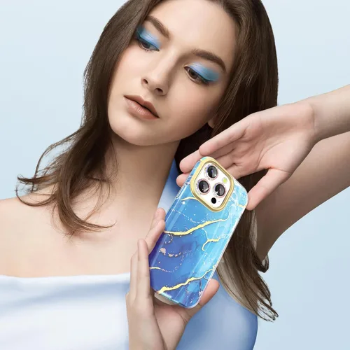 Vista 6 de SHEDEER Funda para iPhone 15 Pro con protector de cámara con purpurina y protector de pantalla, patrón elegante y antiamarillamiento, protección