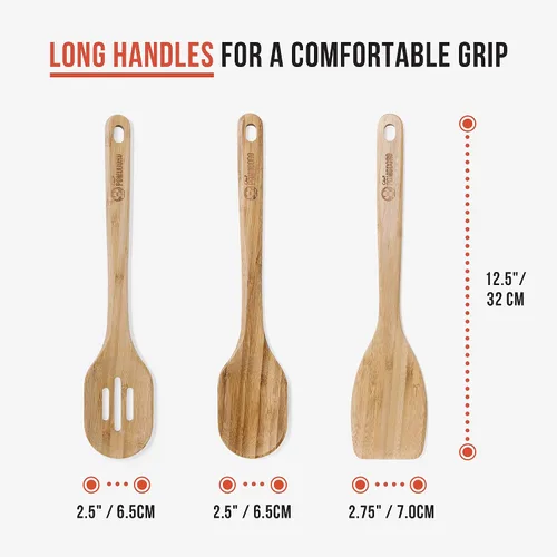 Vista 2 de Chef Pomodoro Juego de utensilios de cocina de bambú de 3 piezas, espátula de madera grande de 12.5 pulgadas y juego para freír