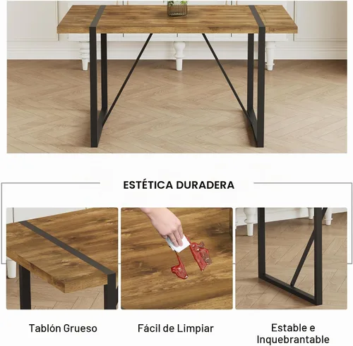 Vista 5 de Juego de mesa de comedor rústica de 5 piezas para 4 personas, mesa de comedor rectangular de madera moderna de mediados de siglo de 55 pulgadas