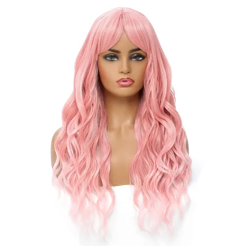 Vista 11 de SWACC Peluca larga y rizada ondulada con flequillo peluca de pelo sintético para mujeres con gorra de peluca (negro)