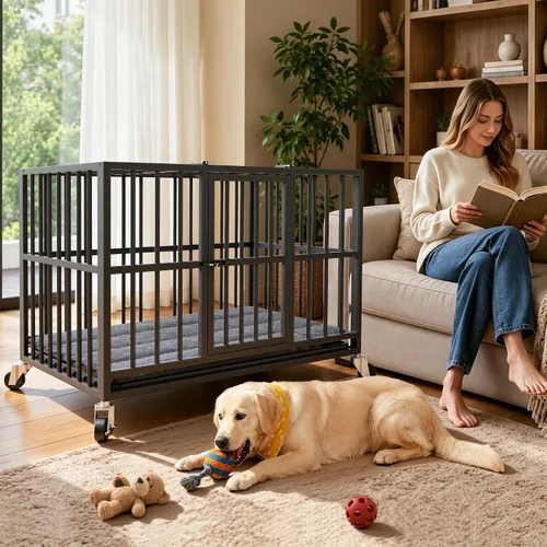 Vista 6 de Jaula para perros de acero resistente de 42 pulgadas a prueba de escape, jaula de doble puerta interior para alta ansiedad, bandeja extraíble