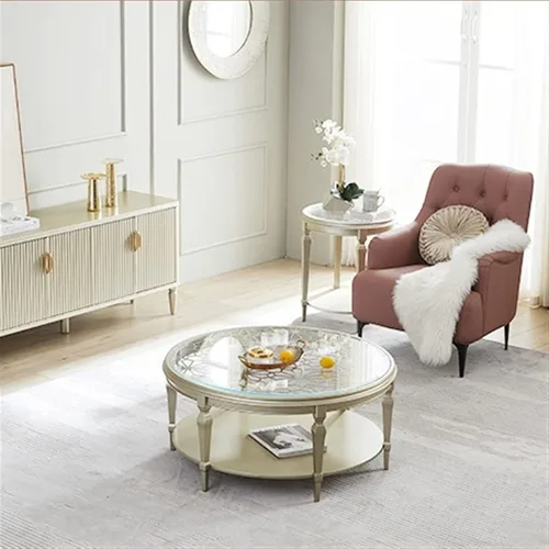 Vista 7 de Mesa de té para sala de estar, mesa de centro redonda de madera moderna con tallado calado y parte superior de cristal, 31.4/39.3 pulgadas, elegante