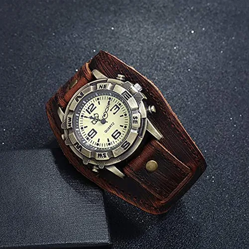 Vista 3 de Pulsera de reloj retro punk de cuero genuino para hombre, estilo hip hop, versátil