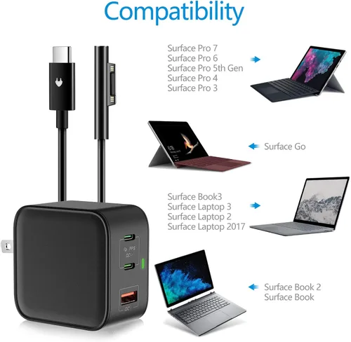 Vista 4 de 65W GaN USB C PD 3.0 QC 3.0 cargador, Surface Pro Mini cargador de viaje para Surface Pro 3/4/5/6/2017/Surface Go/Surface Laptop/Surface Book