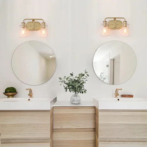 Vista 4 de KSANA Lámparas de baño, 2 luces doradas para tocador sobre espejo con pantalla de vidrio sembrado, accesorios de luz de baño dorados, bombilla E26
