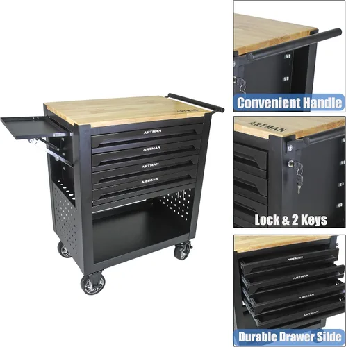 Vista 5 de Caja de herramientas con ruedas de 4 cajones, carrito de almacenamiento de herramientas con parte superior de madera, caja de herramientas