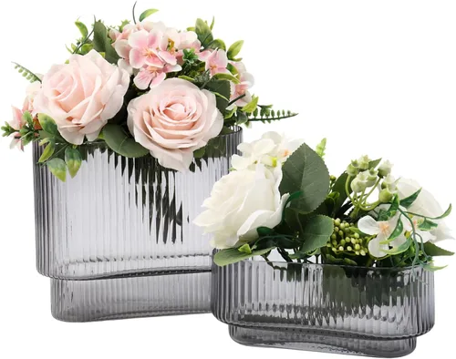 Vista 85 de Jarrones de vidrio acanalado, juego de 2 jarrones estriados para flores, florero de vidrio ámbar para tulipanes, jarrón moderno para sala de estar