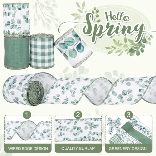 Vista 3 de AnyDesign 4 rollos de cinta de eucalipto con borde con alambre de 24 yardas, cinta decorativa de hojas verdes, cintas de tela para primavera