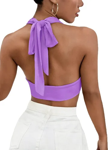 Vista 2 de Camiseta LYANER para mujer, con cuello en V ancho, estilo halter, con espalda al aire y sin mangas
