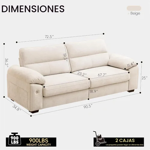 Vista 2 de Ihanherry Sofá moderno de 90 pulgadas para sala de estar, sofá de felpilla de asiento profundo con puerto de carga rápida y cojines lavables Verde