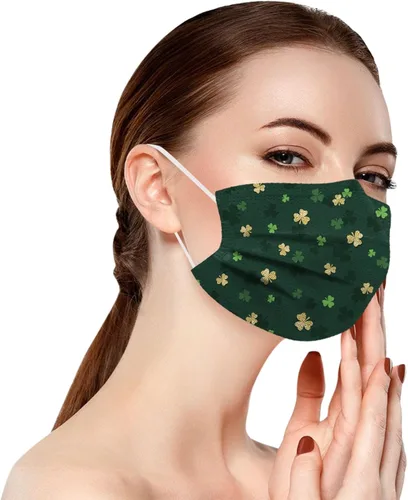 Vista 5 de 10 máscaras faciales desechables para adultos del día de San Patricio, trébol verde con lazo para las orejas, transpirables, para vacaciones