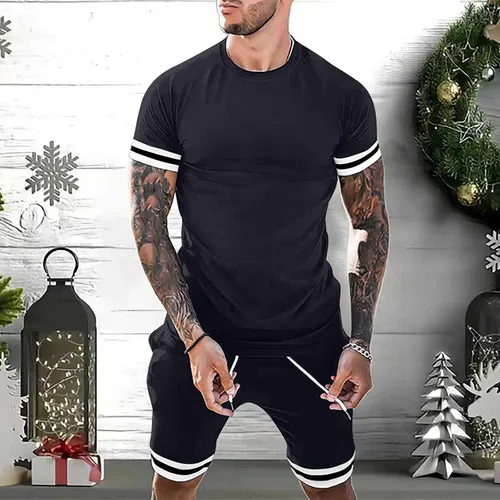 Vista 2 de Conjunto de pantalones cortos para hombre, a la moda, a rayas, de 2 piezas, para verano, casual, traje deportivo, camiseta y pantalón corto