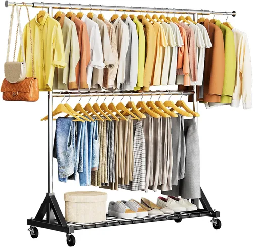 Vista 12 de Luxspire Perchero de doble barra para colgar ropa, perchero con ganchos laterales, estantes inferiores, ruedas de 360°, percheros para dormitorio