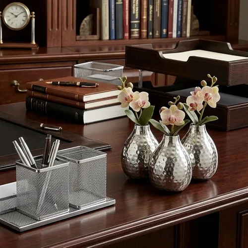 Vista 6 de Hosley Juego de 3 jarrones metálicos con acabado plateado de 4.5 pulgadas, decoración moderna de mesa para sala de estar, mesa auxiliar, comedor y 1